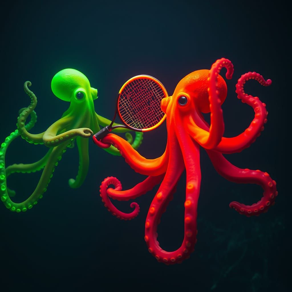 Neon Octopuses Play Tennis in Surreal Underwater Match