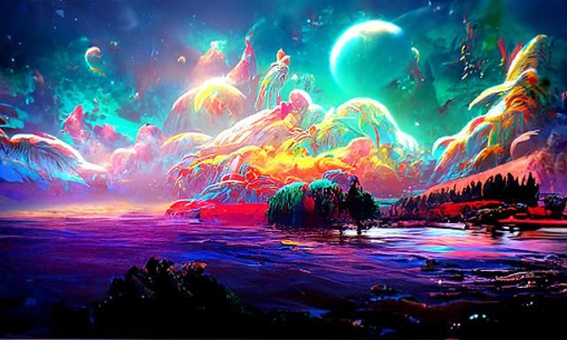 Ethereal Night Landscape Painting with Cosmic Aurora