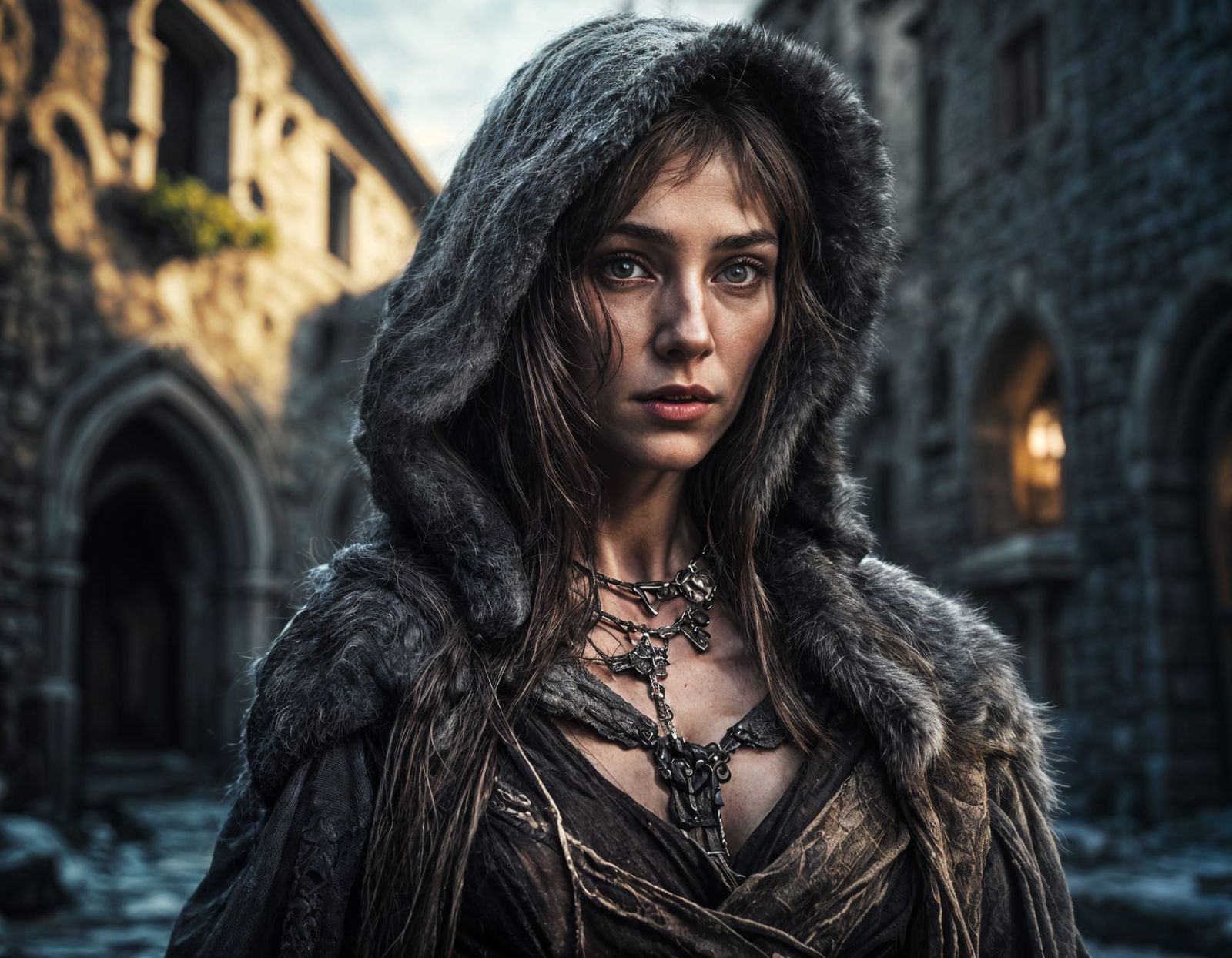 Half-Cat Woman Shadow Hunter in Medieval Town