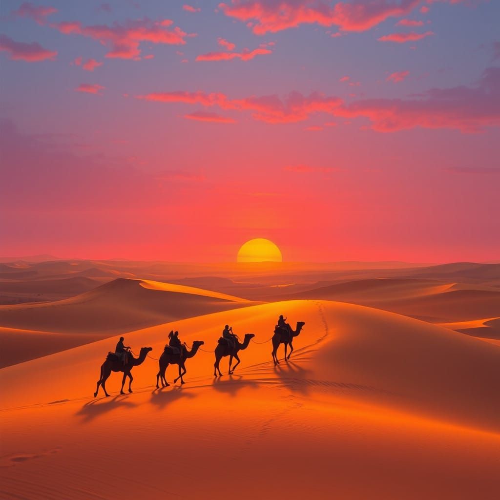Desert Dunes at Sunset, Camel Caravan in Warm Golden Light