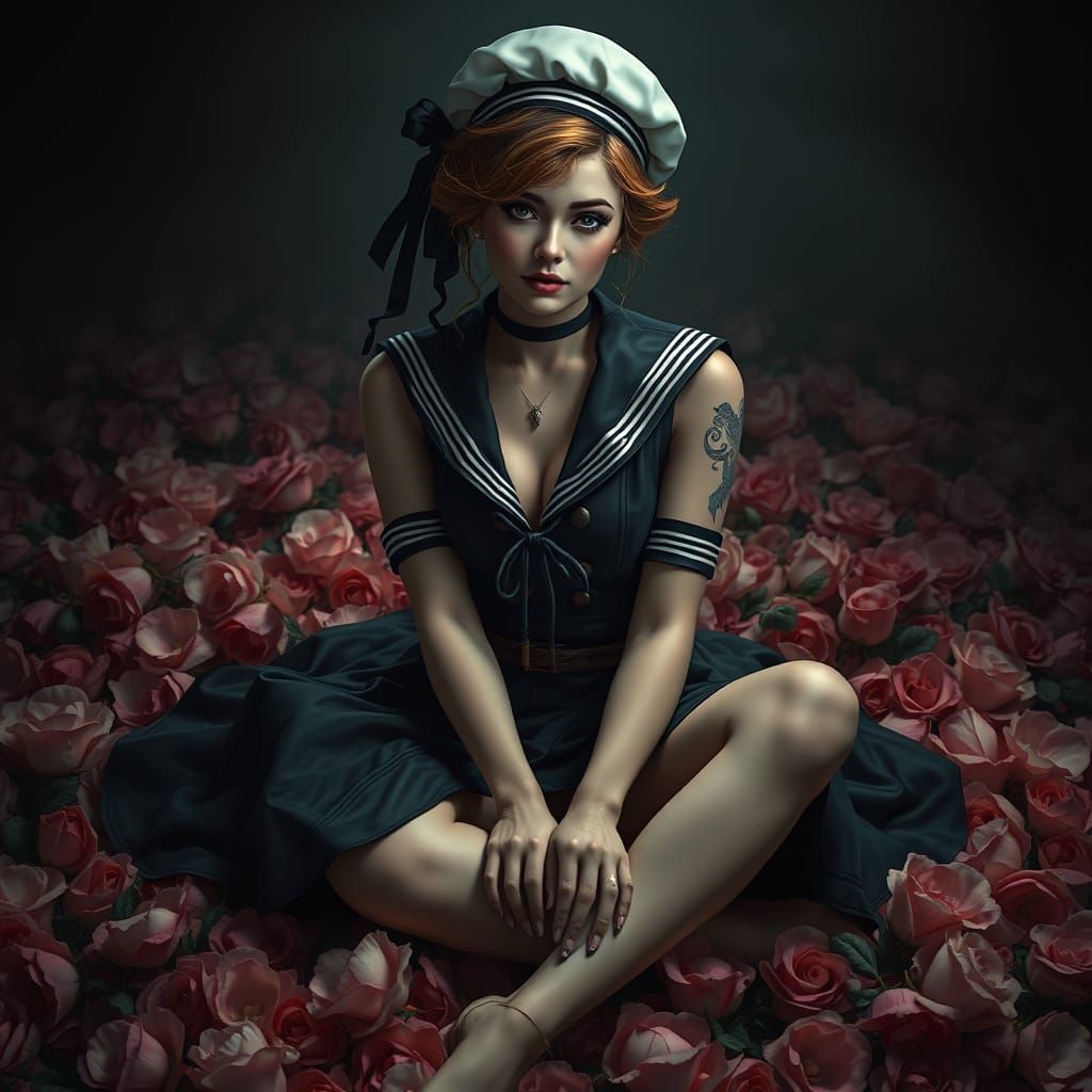 Hyperrealistic Sailor Jerry Maiden on Roses
