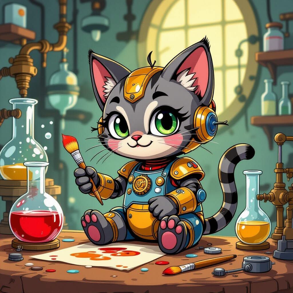 Steampunk Robotic Kitten Paints Sausage Portrait