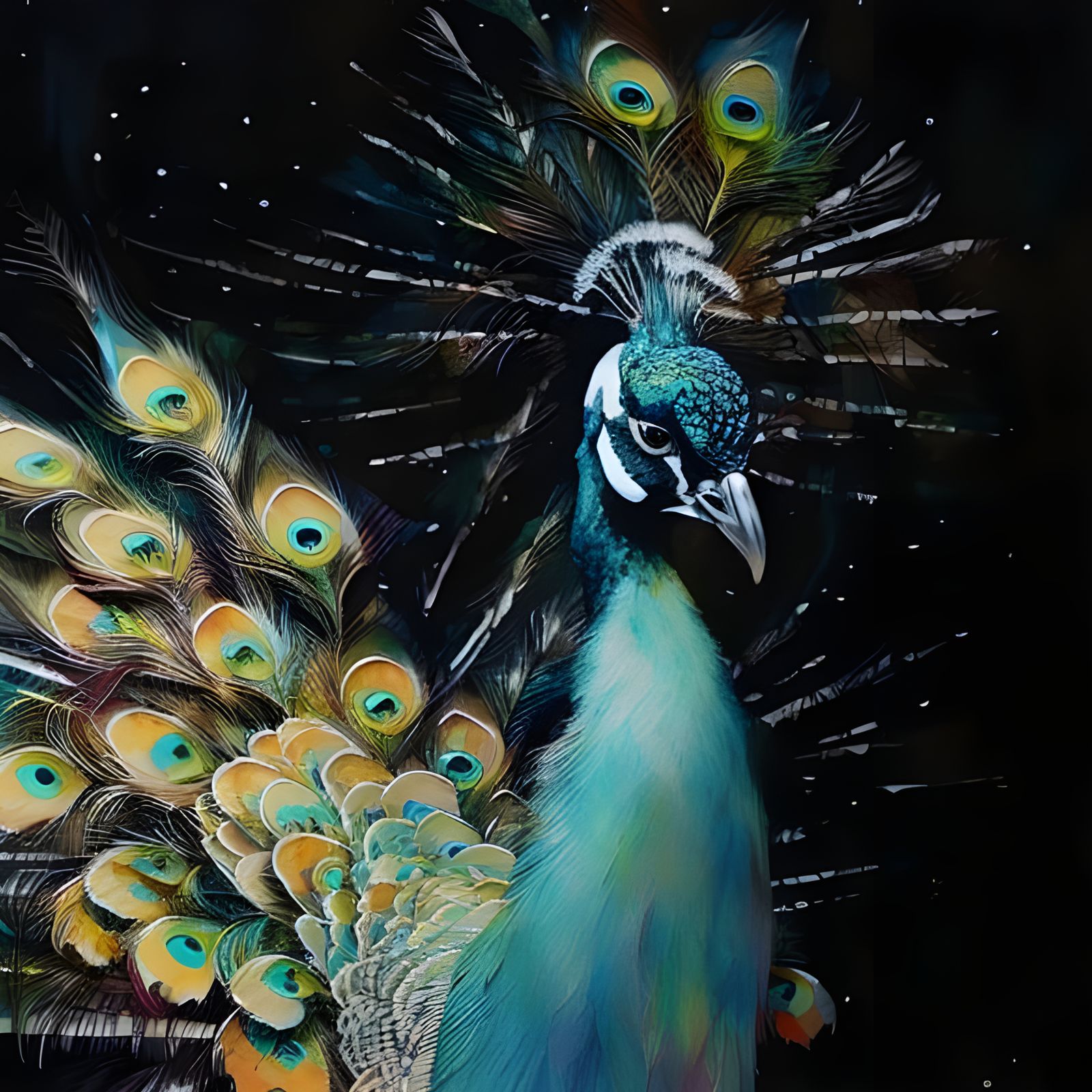 Colorful Ink Splash Peacock Portrait in Photorealistic Style