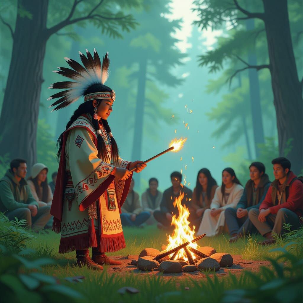 Spilyay Teaching Fire-Making in Lush Forest
