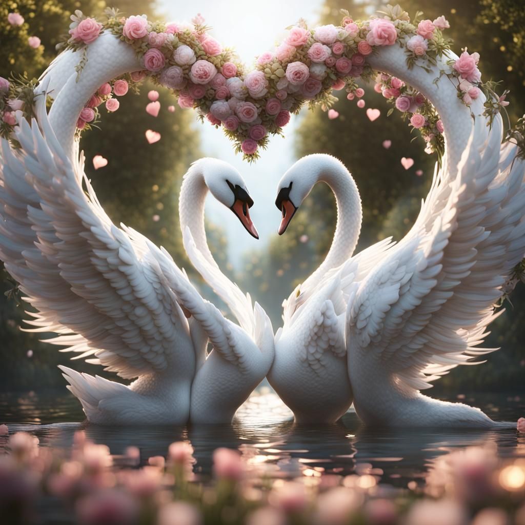 Swans Forming Heart Under Floral Arch in 3D