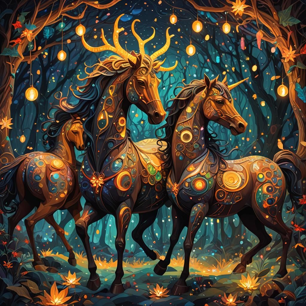 Psychedelic Centaurs in a Mystical Christmas Scene
