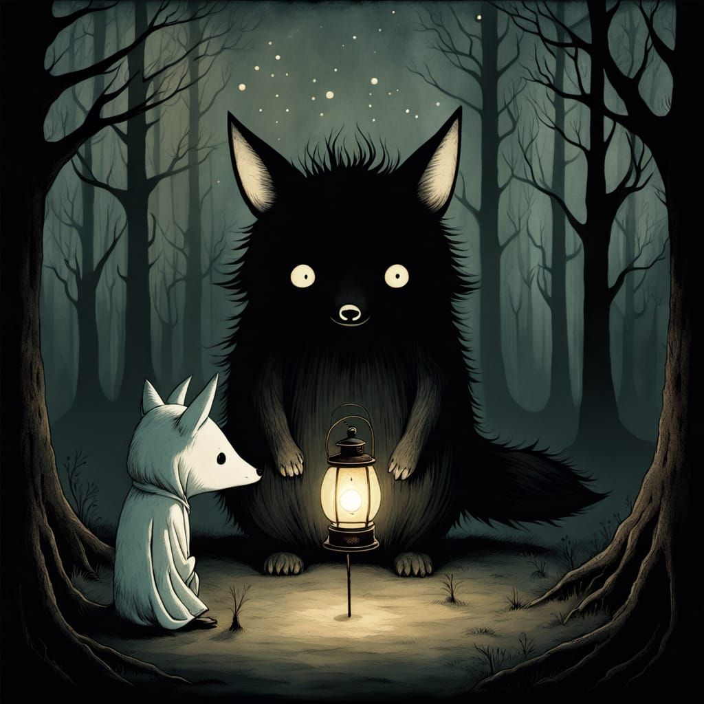 Kawaii Manga Child Meets Spooky Monster with Lantern