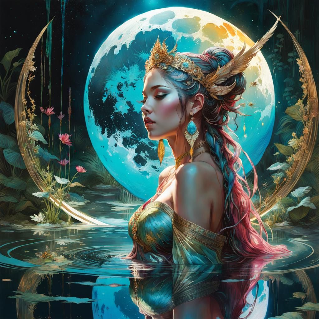 Ornate Moon Goddess Touching Mirrored Reflection