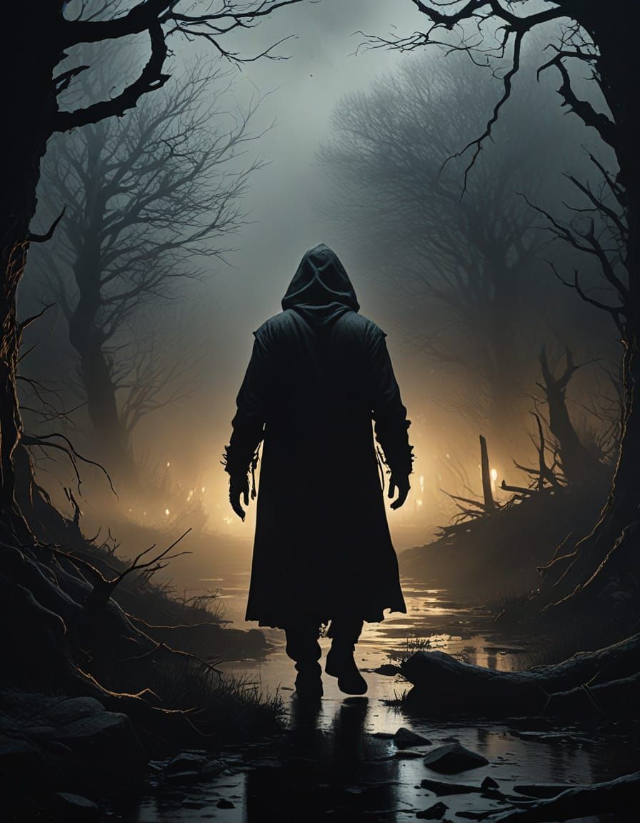 Ominous Figure Waving in Misty Dark Fantasy Art