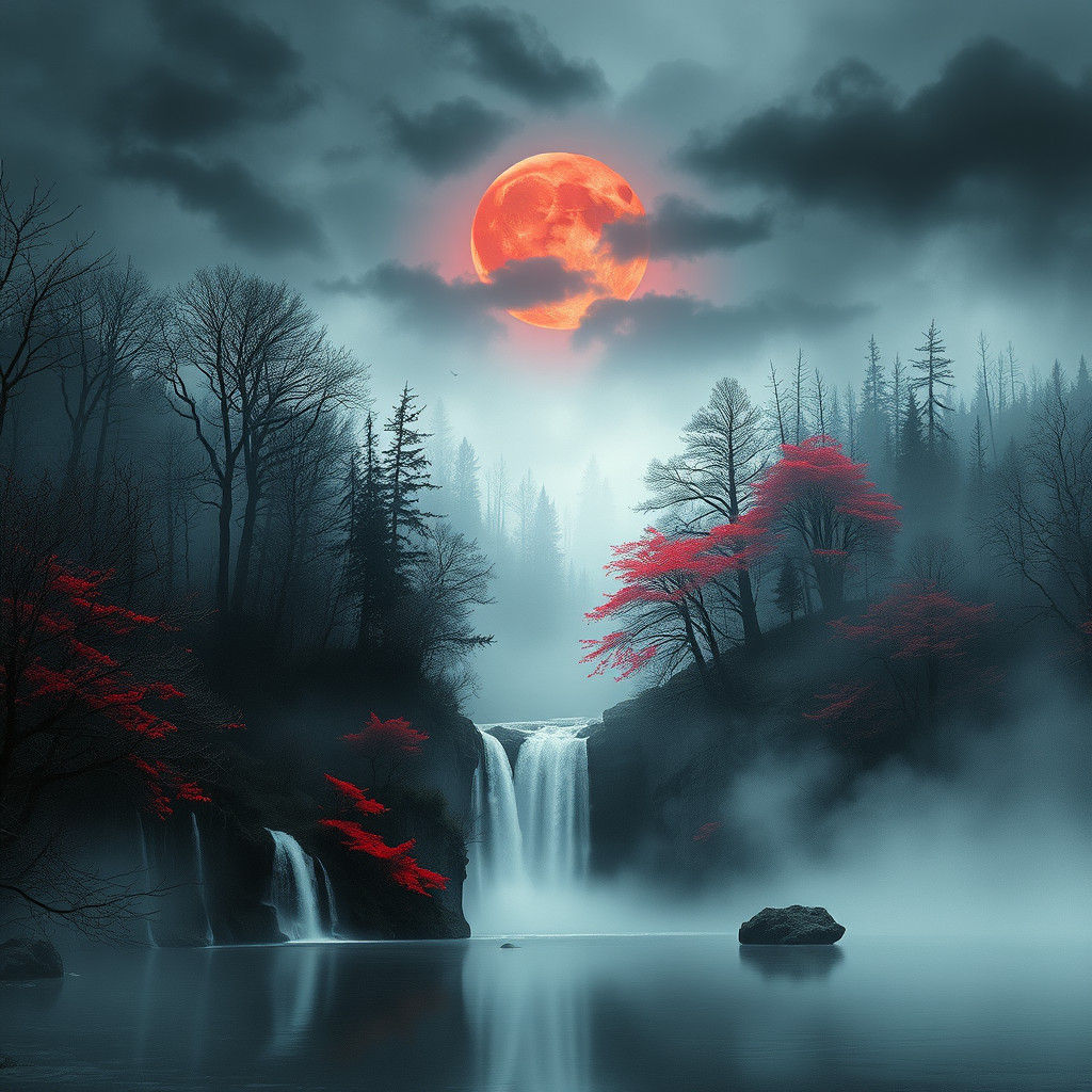 Ethereal Forest Landscape with Red Moon, Watercolor Style
