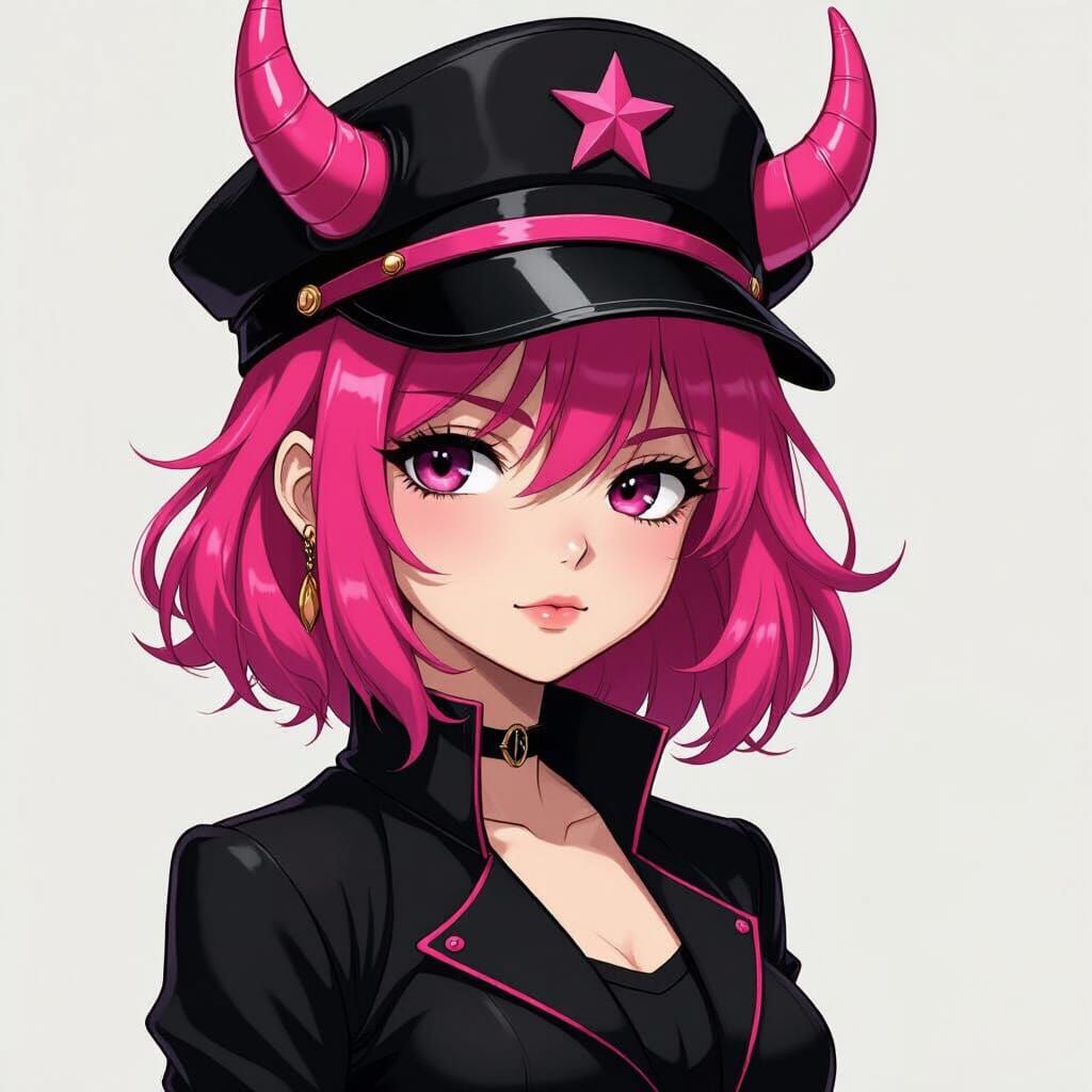 Anime Girl with Pink Hair, Captain's Hat, and Horns