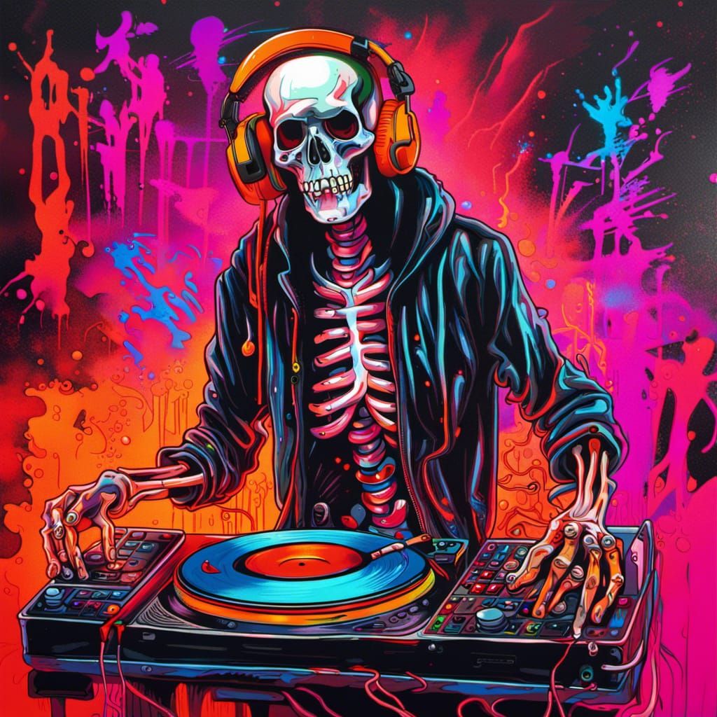 Undead Skeleton DJ in Graffiti Art Style