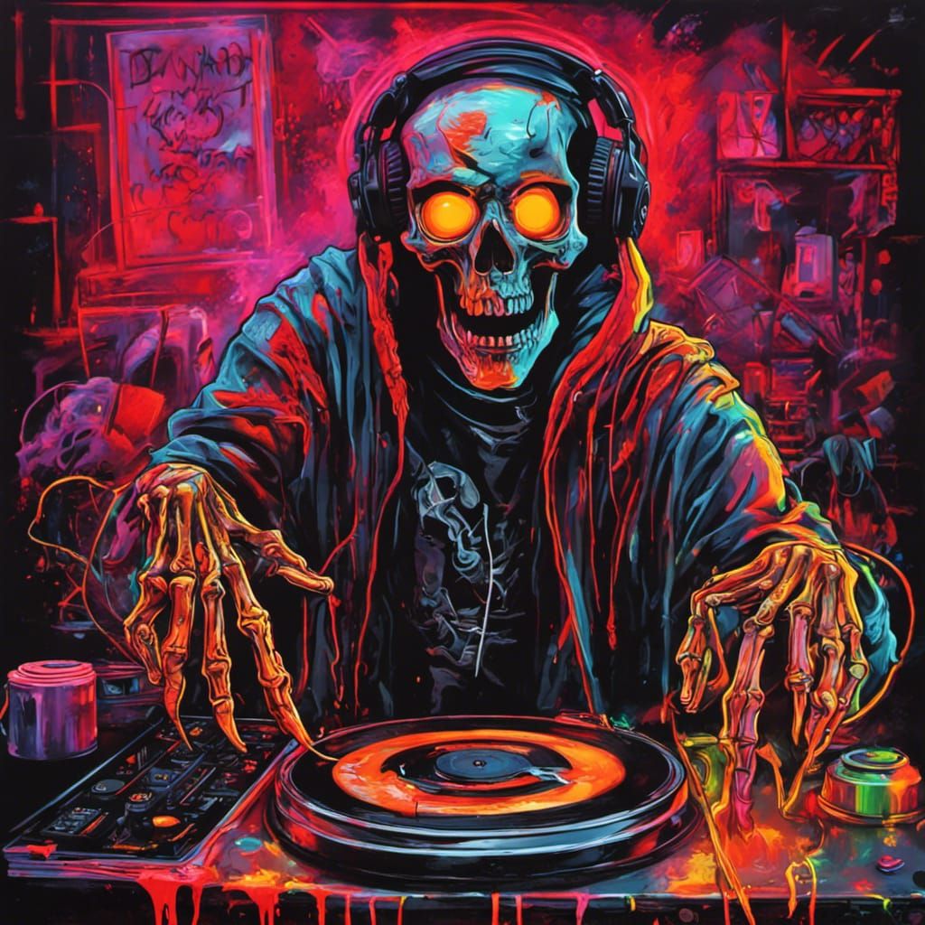 Undead Skeleton DJ in Urban Graffiti Art Style