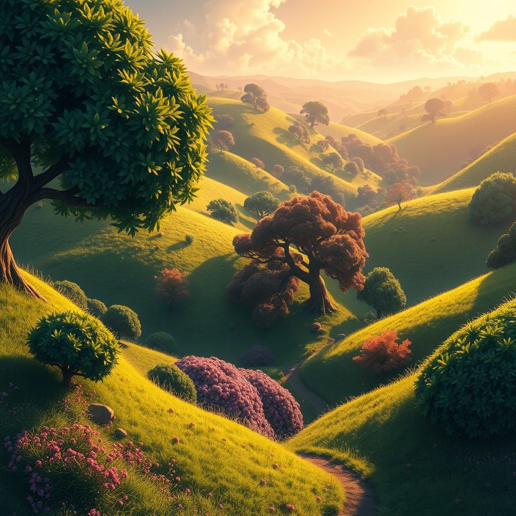 Whimsical Forest Landscape in Vibrant Studio Ghibli Style