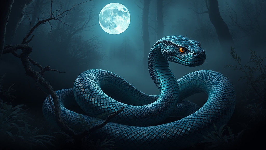 Iridescent Serpent Coils Through Moonlit Forest