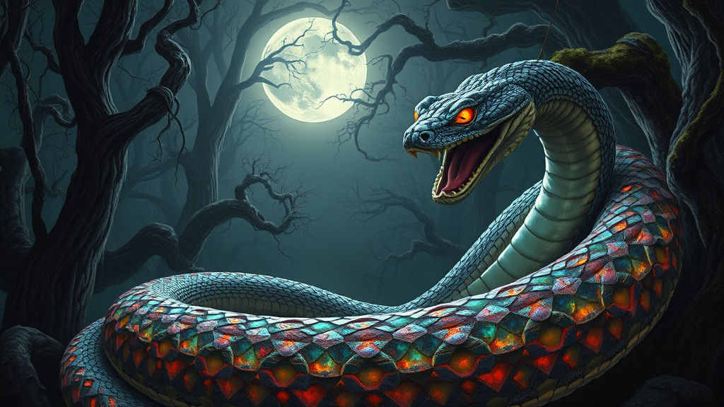 Mystical Serpent in Moonlit Forest, Surrealist Style
