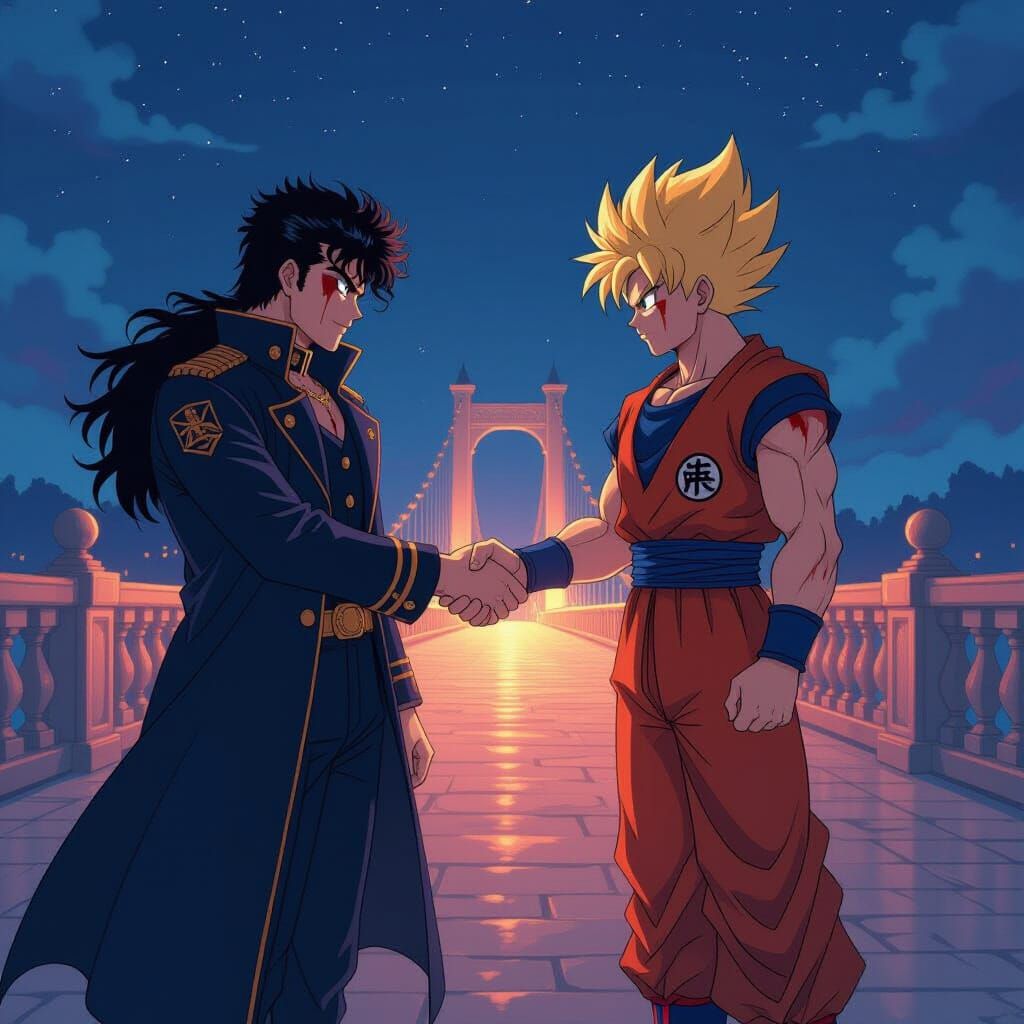 Goku and Jotaro Handshake on Egyptian Bridge