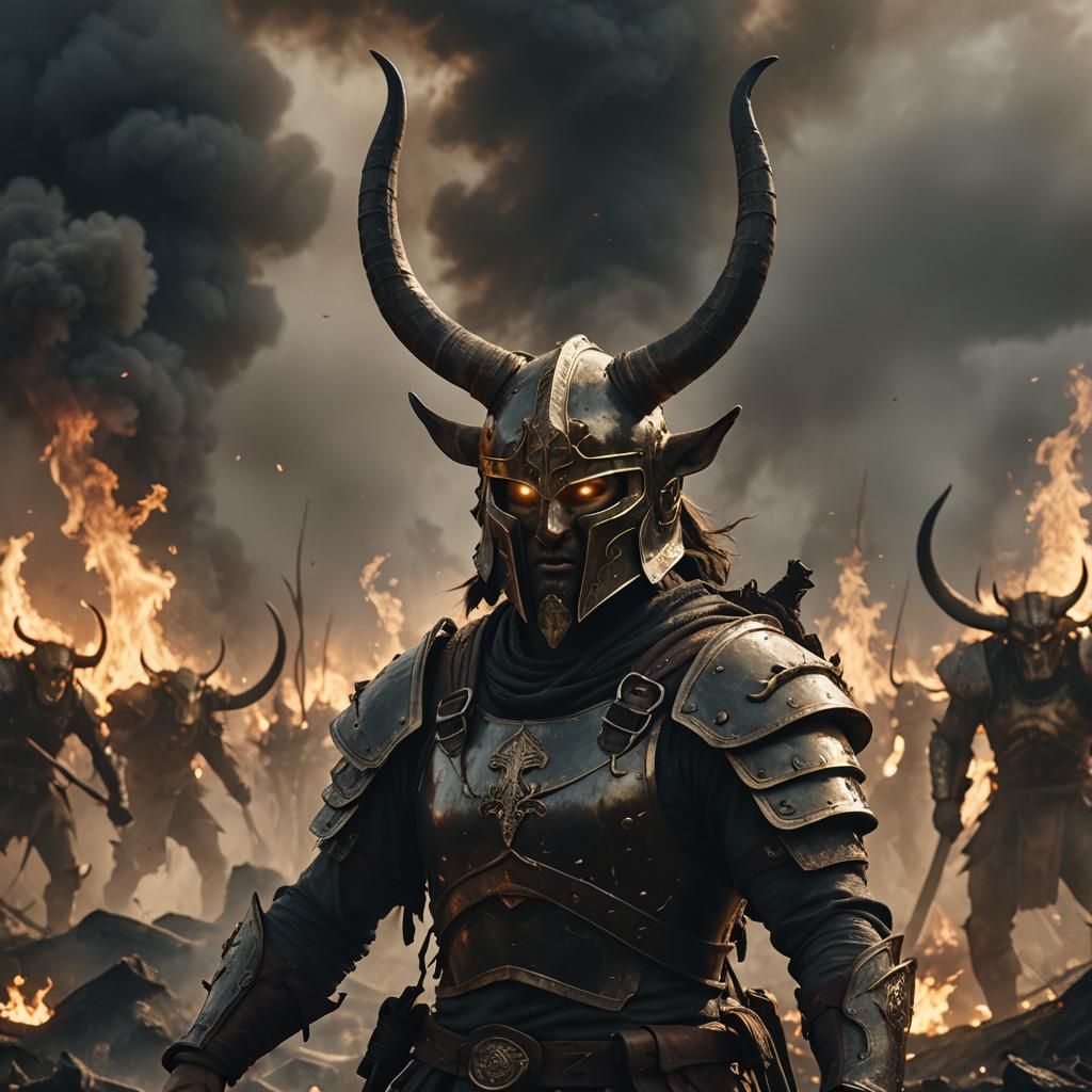 Warrior in Horned Helmet on Smoky Battlefield