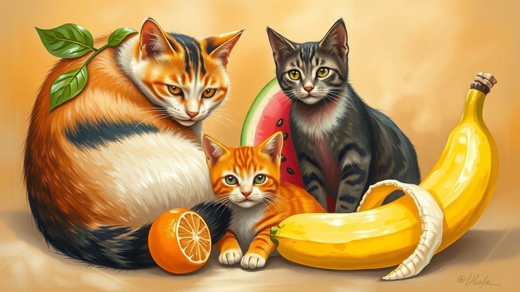 Fuzzy Feline Fruit Hybrids in Whimsical Oil Painting Style