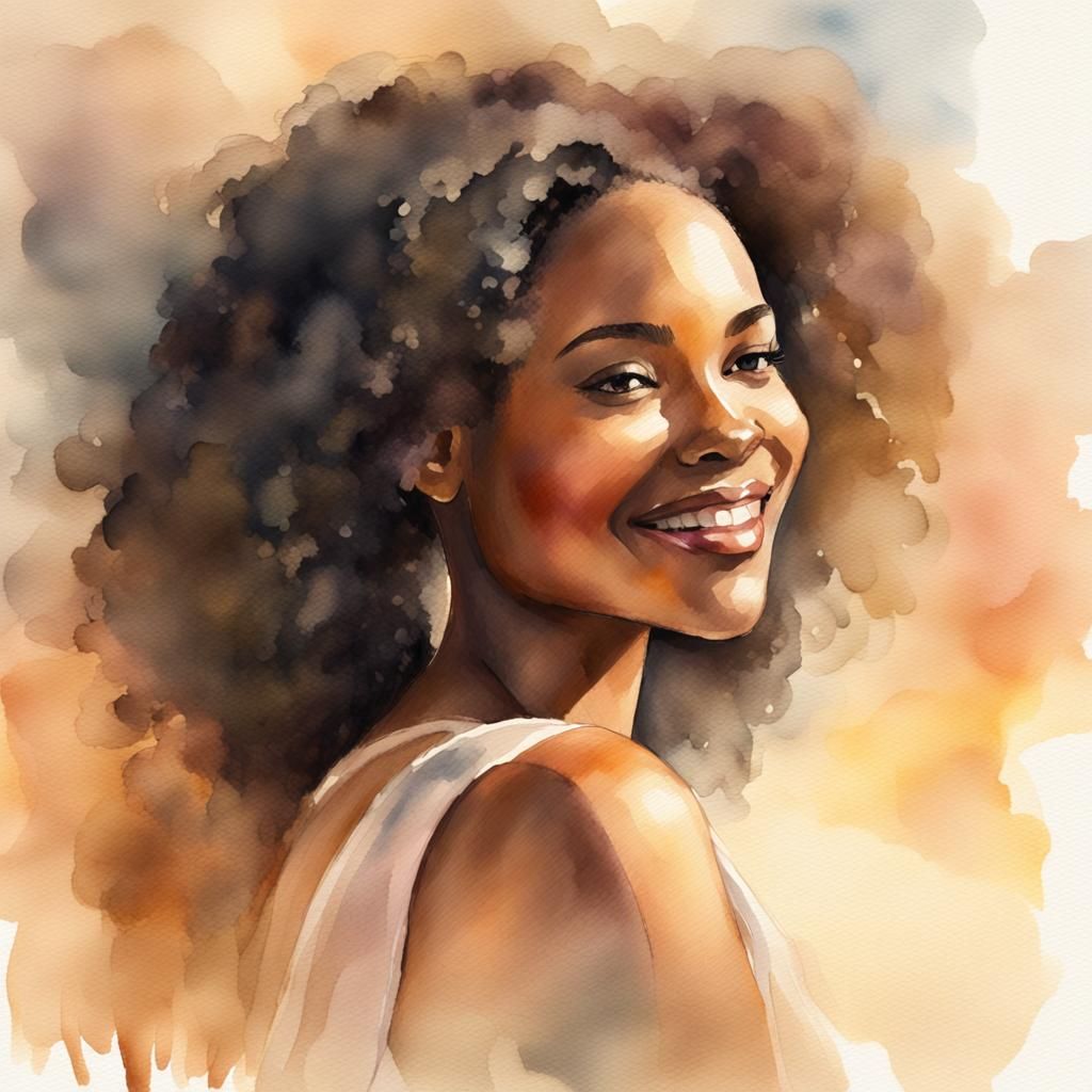 Watercolor Portrait of Smiling Ebony Woman