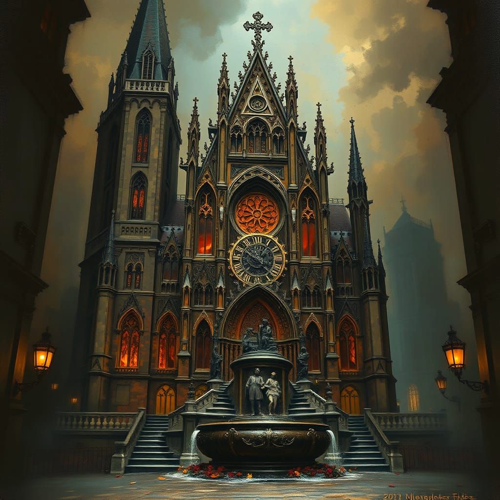 Gothic Cathedral Manneken Pis in Oil Painting Style
