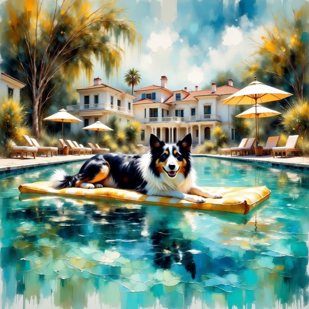 Border Collies Relaxing in Pool, Impasto Grunge Style