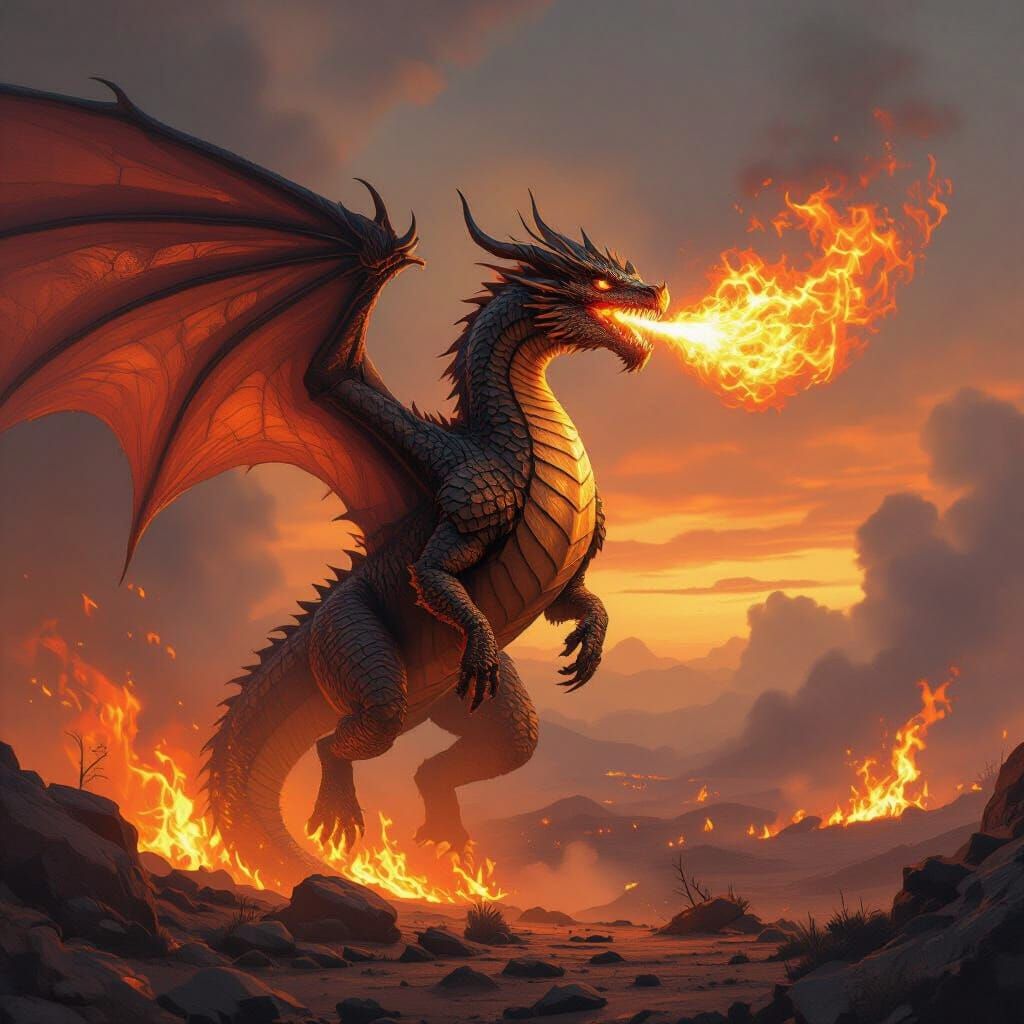 Dragon Breathing Fire in Dramatic, Painterly Style