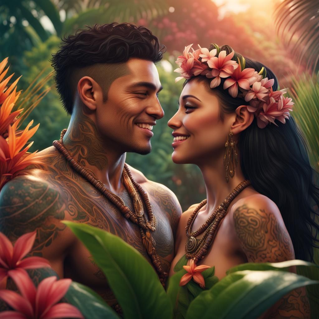 Polynesian Couple with Tropical Flowers: Fantasy Art