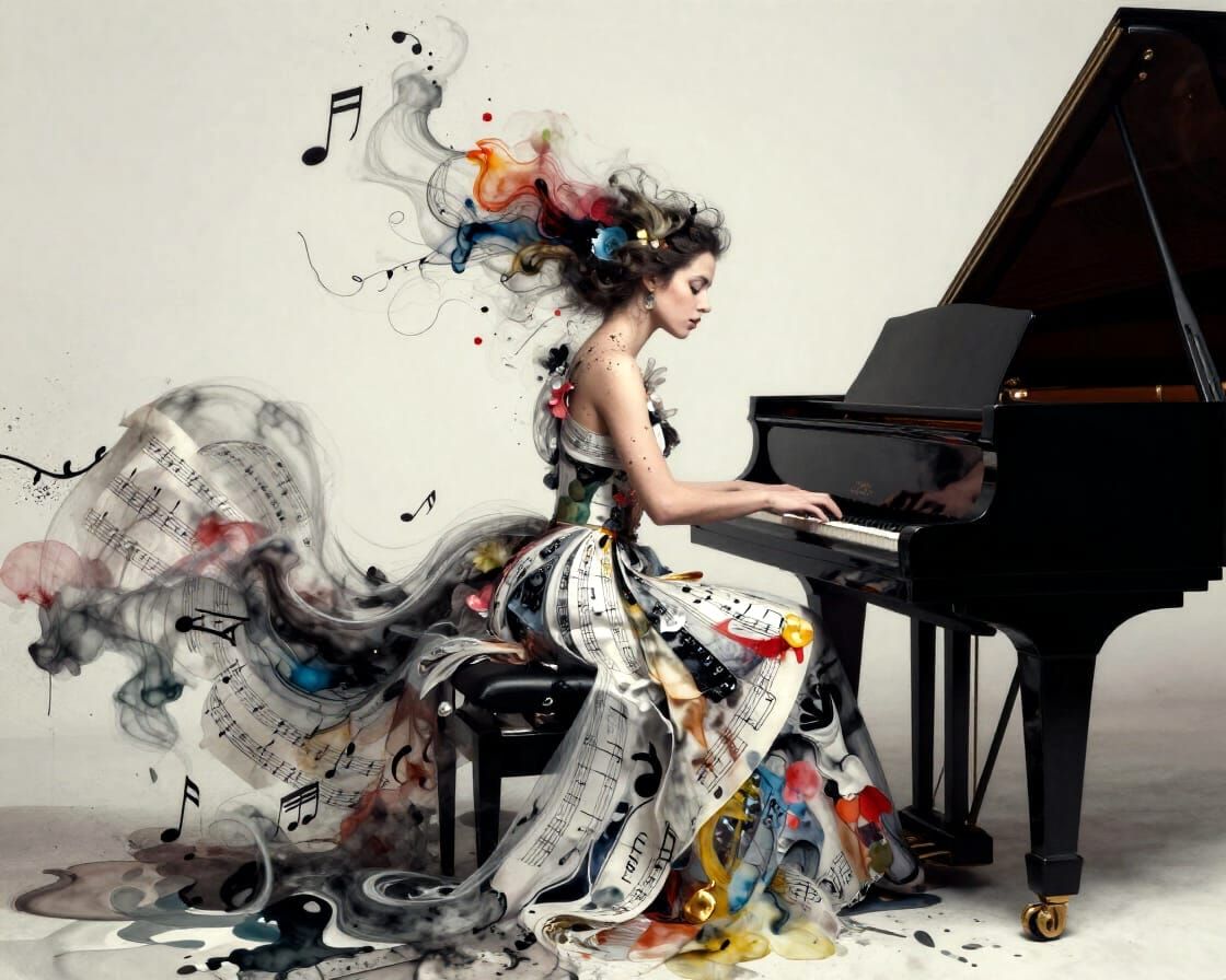 Pianist Immersed in Abstract Art Void