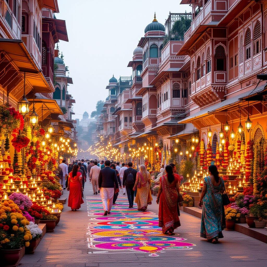 Jaipur Diwali Street Scene with Diyas and Rangoli