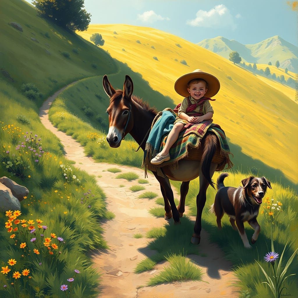 Serene Hillside Scene in Whimsical Impressionist Style