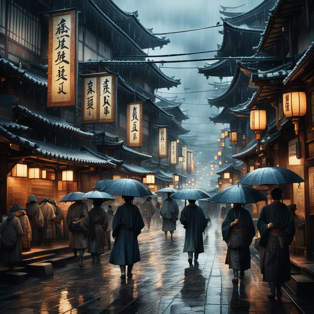 Rainy Night in Medieval Japan: City Street Scene