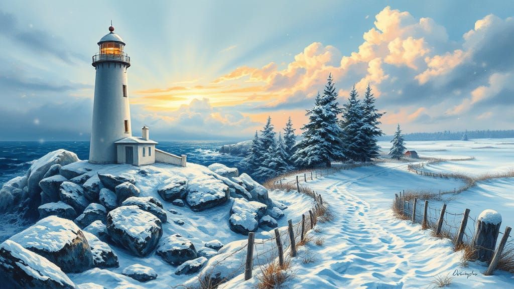 Snow-Shrouded Lighthouse on Rugged Coastline