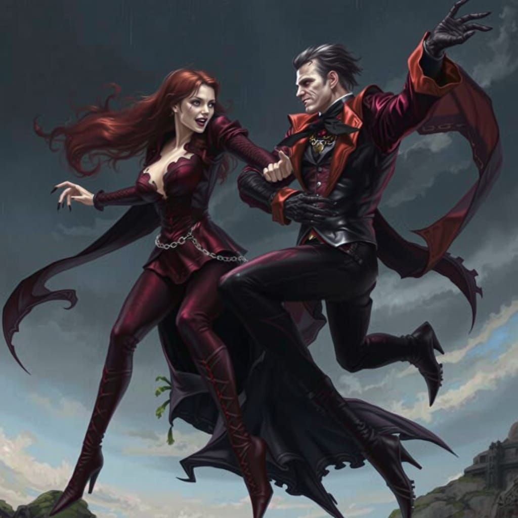 Fierce Vampires Battle in the Air - Oil Painting