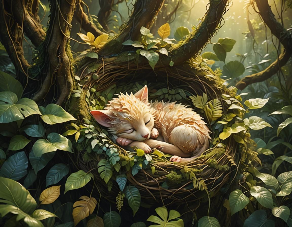 Furry Creature Sleeping in Jungle Nest: Fantasy Art