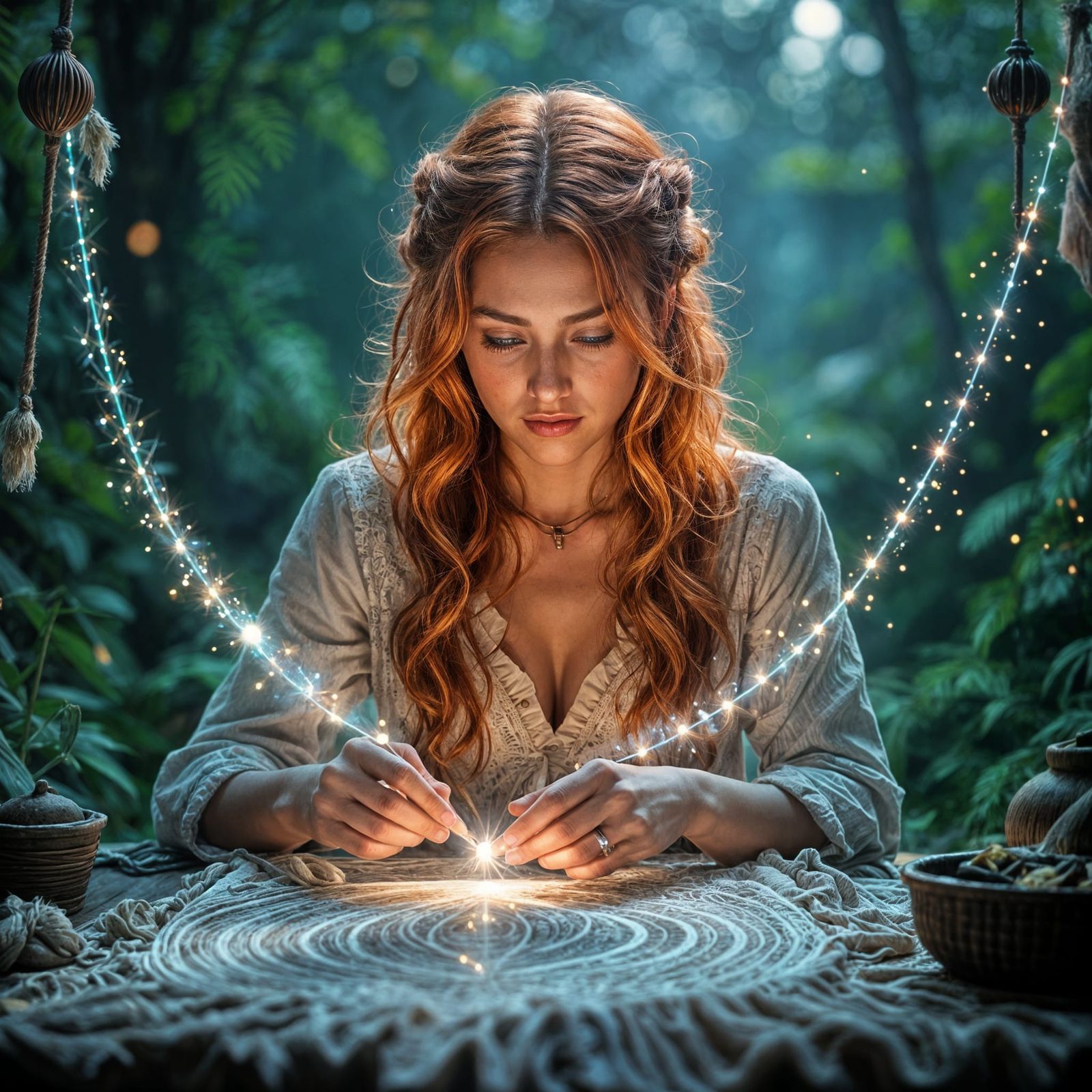 Irish Woman Weaving Tapestry of Light and Magic