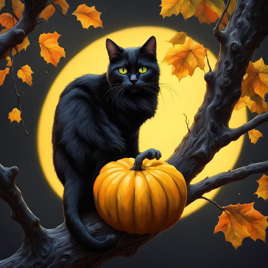 Black Cat and Pumpkin in Splash Art Style