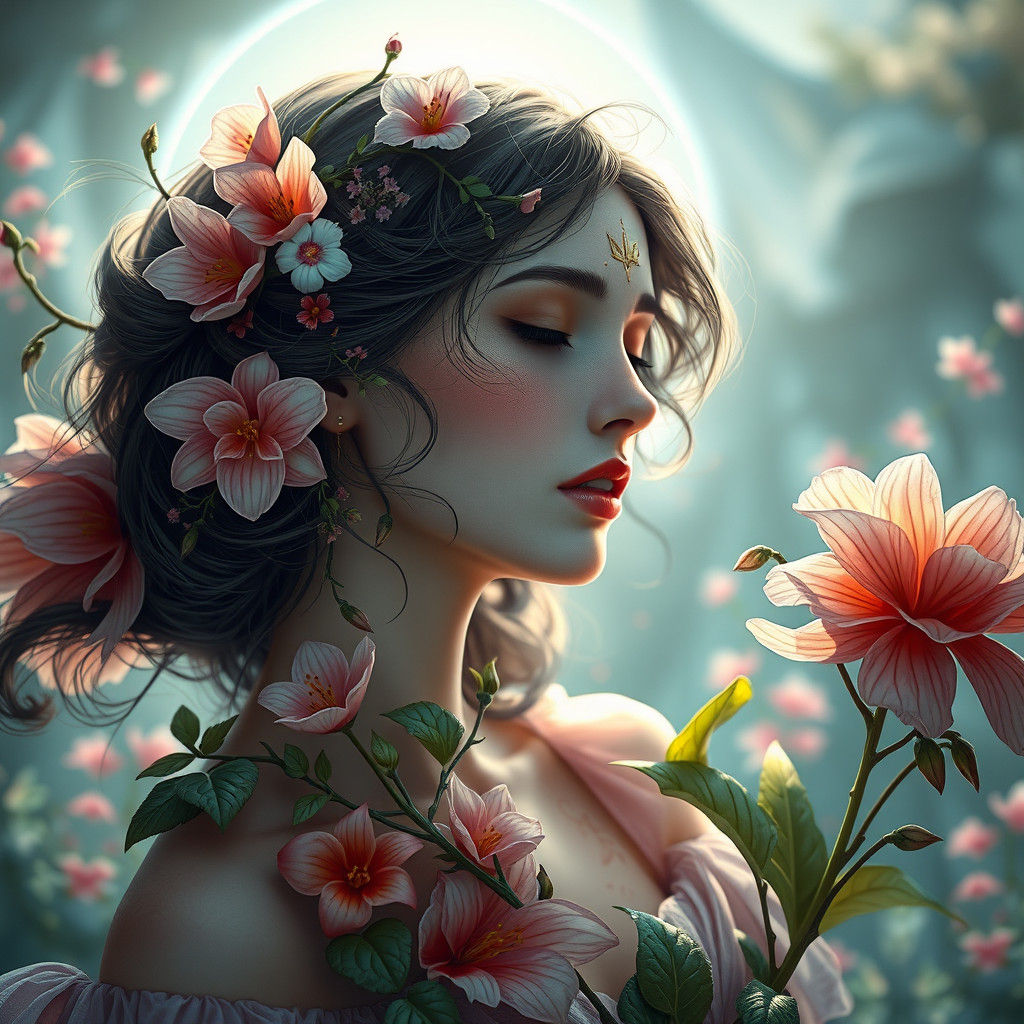 Ethereal Flower Girl Portrait in Mystical Realism
