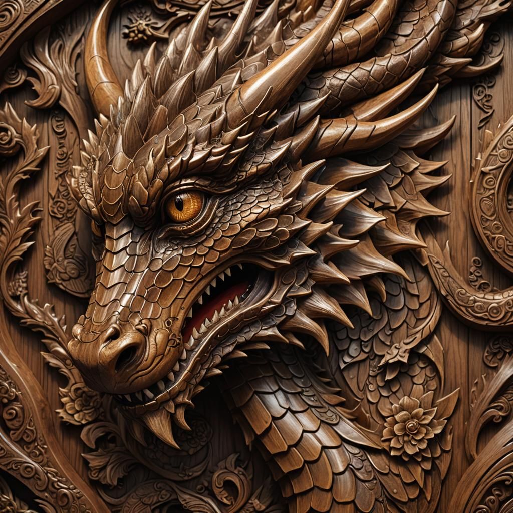 Detailed Wooden Dragon Portrait in Digital Art
