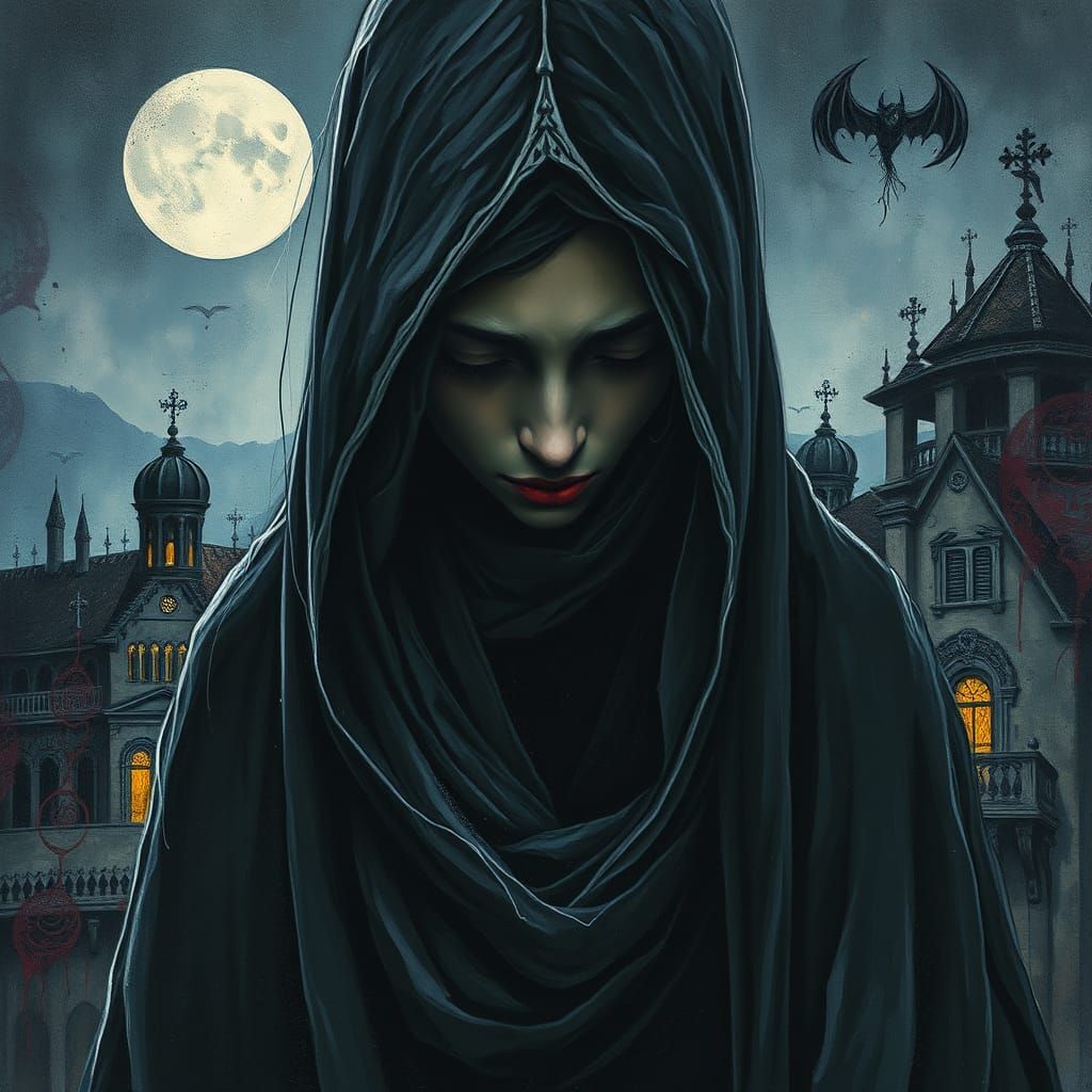 Hooded Figure in Moonlit Cityscape, Impasto Painting