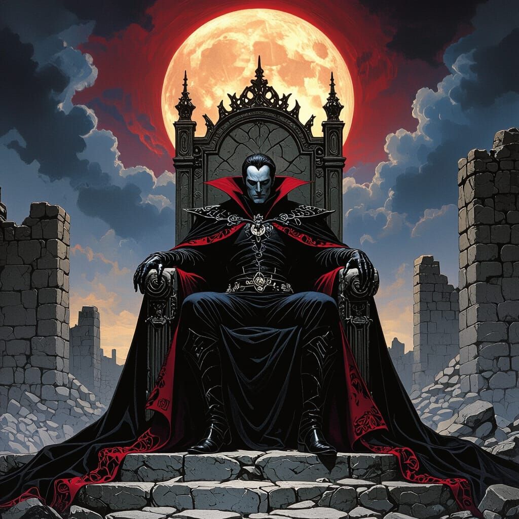Vampire Noble on Throne Under Blood Moon