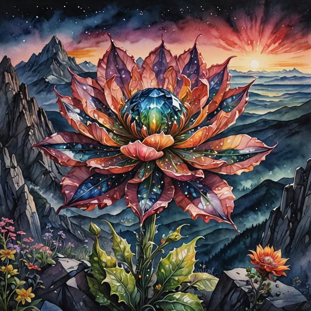 Epic Crystal Flower Fantasy Watercolor Painting