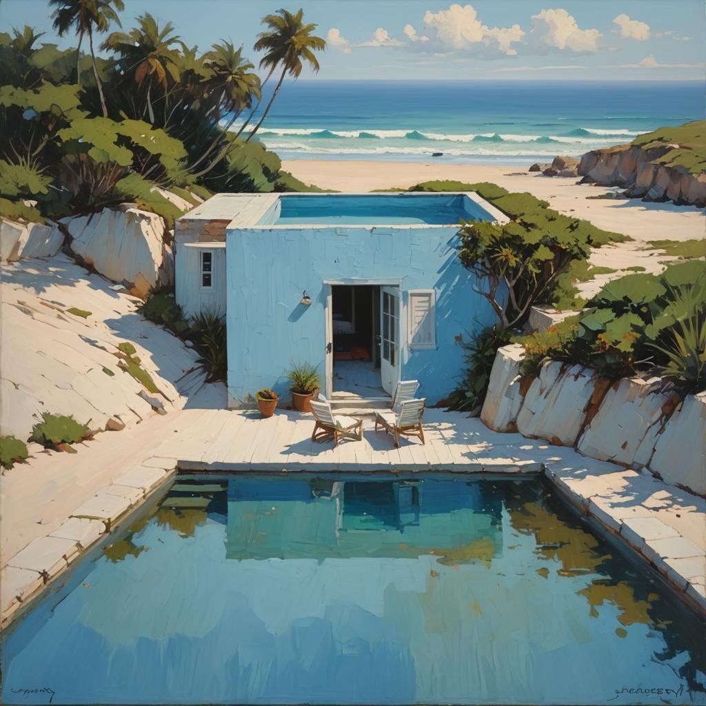 Beach House Simplicity: Oil Painting of Tranquil Scene