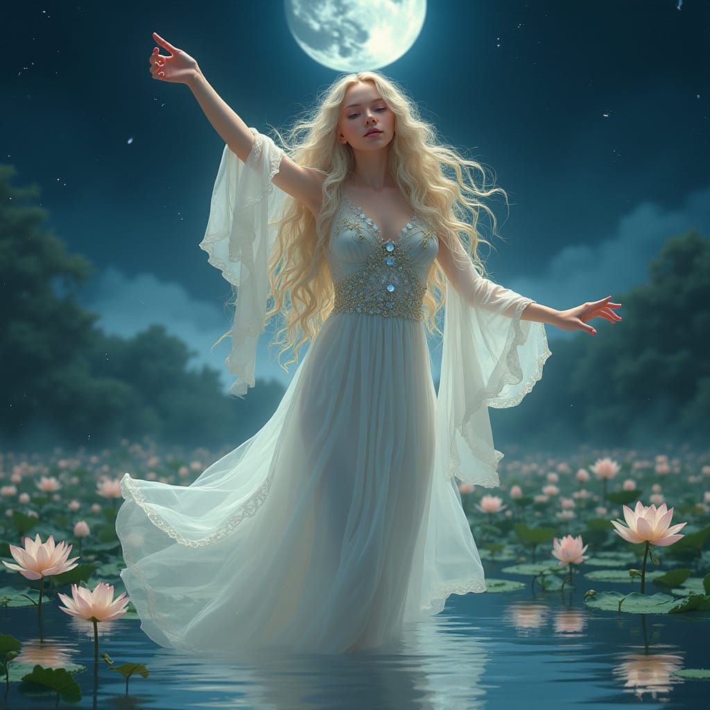 Ethereal Woman Dances Under Mystical Moonlit Sky