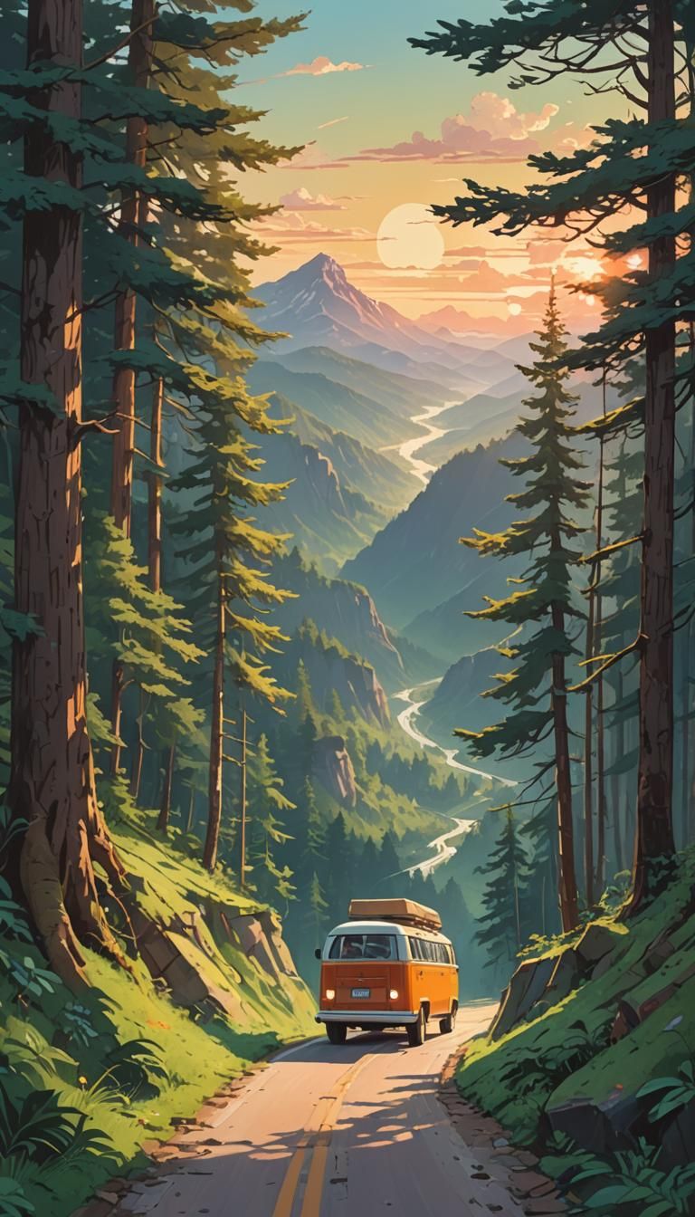 Volkswagen Bus Sunset Drive: Ghibli-esque Mountain Road