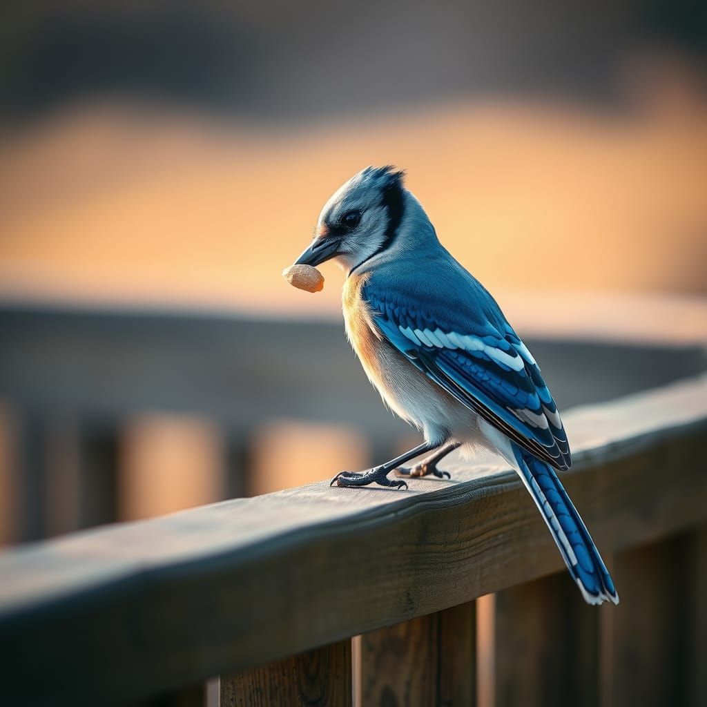 Bluejay Enjoying a Peanut on Deck Rail