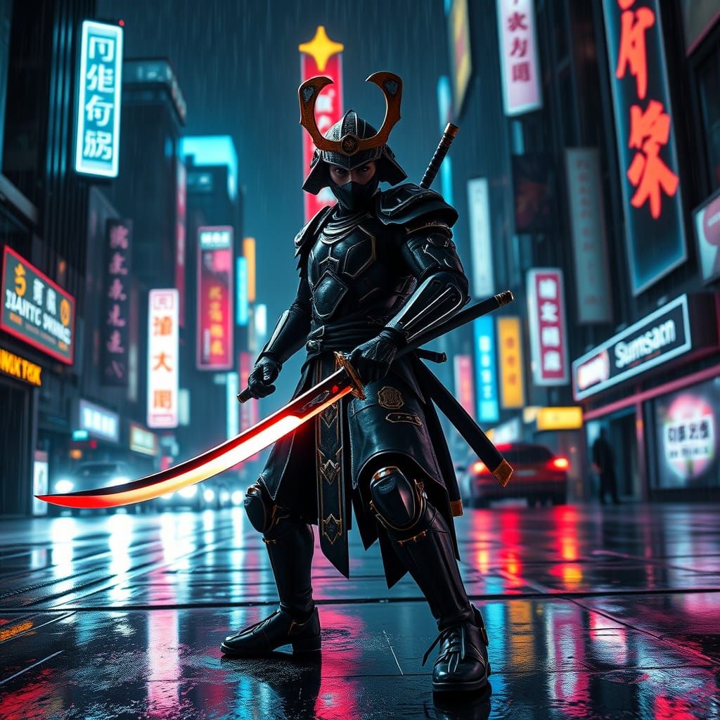 Cybernetic Samurai in Neon-Lit Cityscape