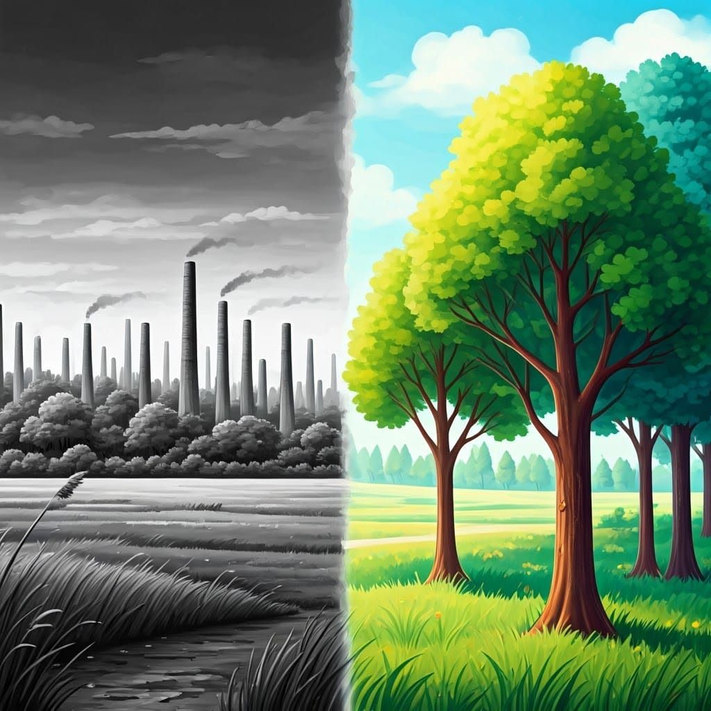 Contrasting Landscapes: Pollution vs. Joyful Watercolour