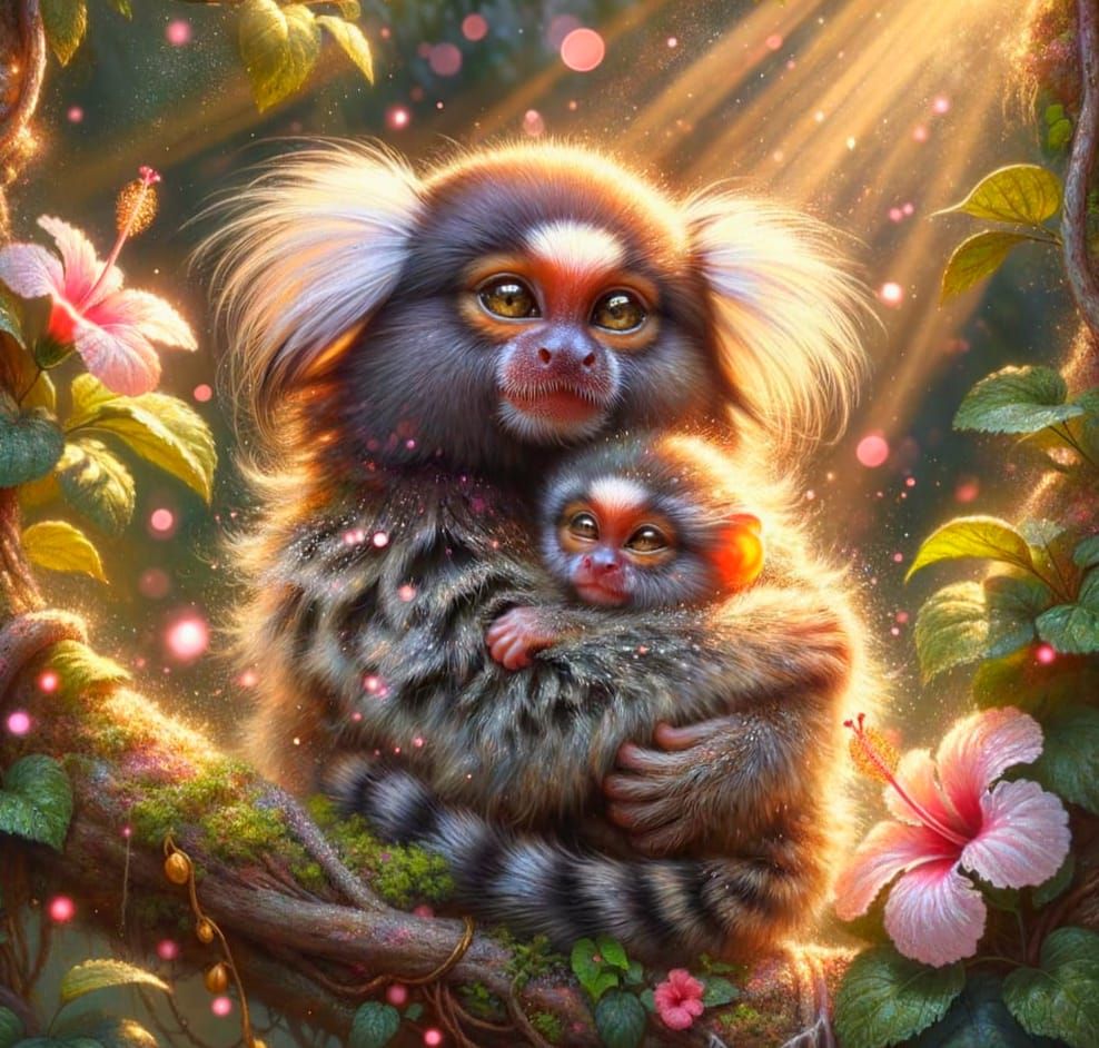 Marmoset Mother Cuddles Baby in Lush Jungle