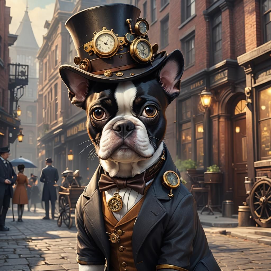 Steampunk Boston Terrier Detective in Anime Style